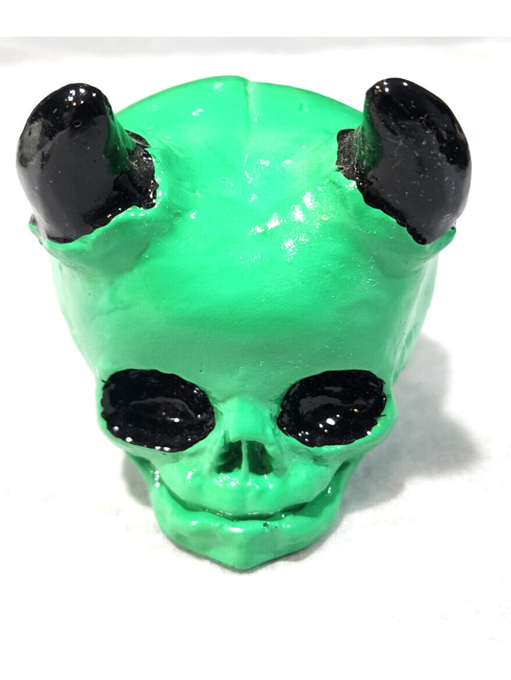 Handmade Green Horned Demon Skull Sculpture 3x5 Glossy Gothic Halloween Decor